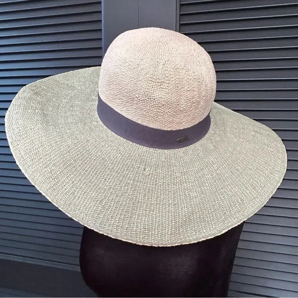 C.C 100% Paper Wide Brim TwoToned Hat, Raffia Flowers on Gray Band Cream & Green